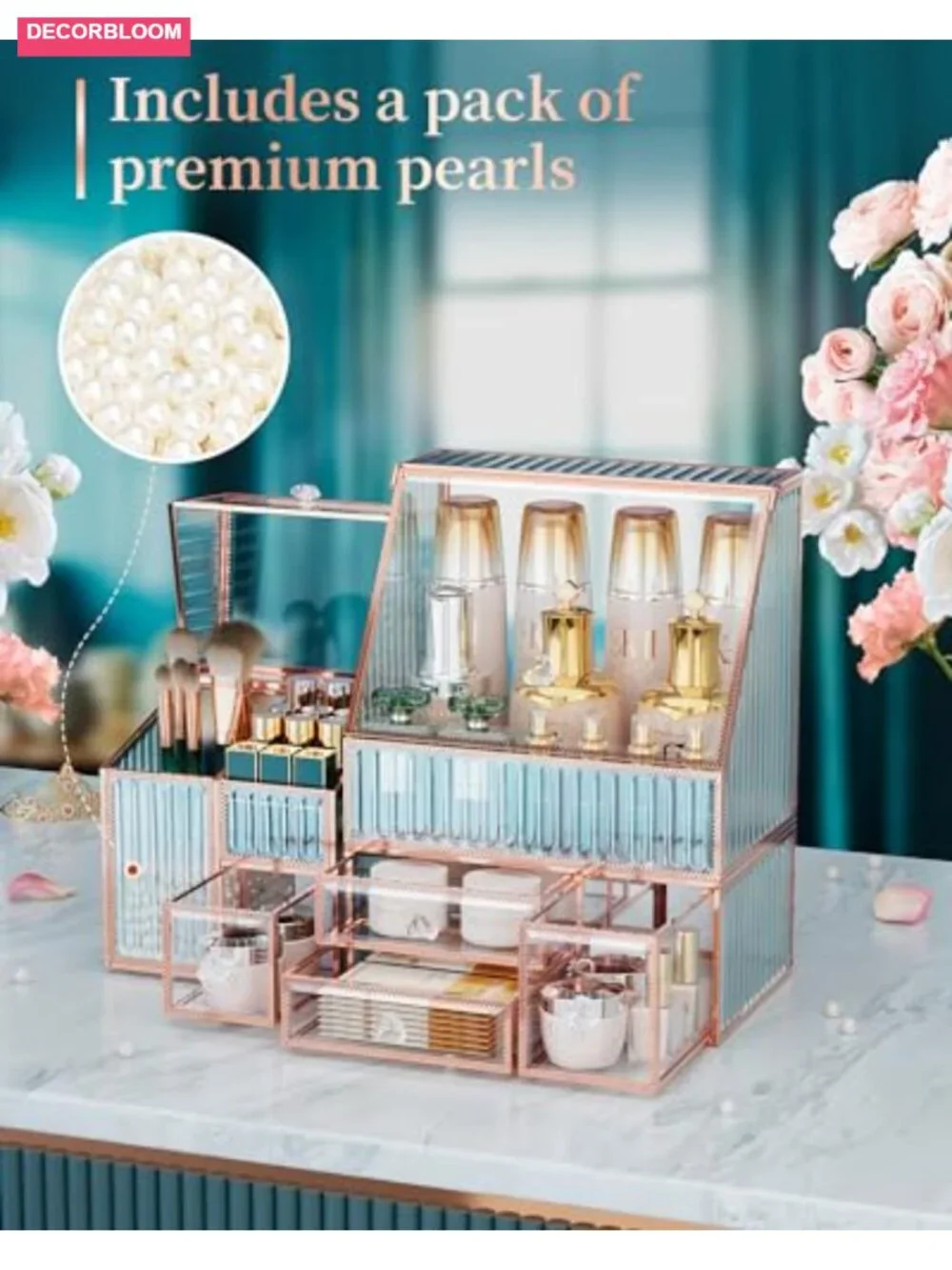 Glass Makeup Organizer - 3-in-1 Cosmetic Organizer - Vanity & Bathroom Organizer